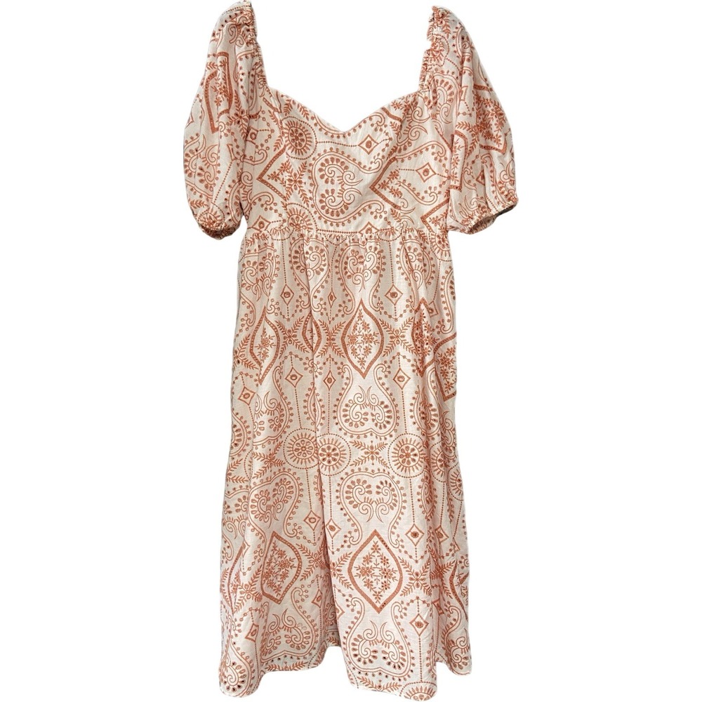Lulus Womens XL White Paisley Embroidered Smocked Puff Sleeve Midi Dress